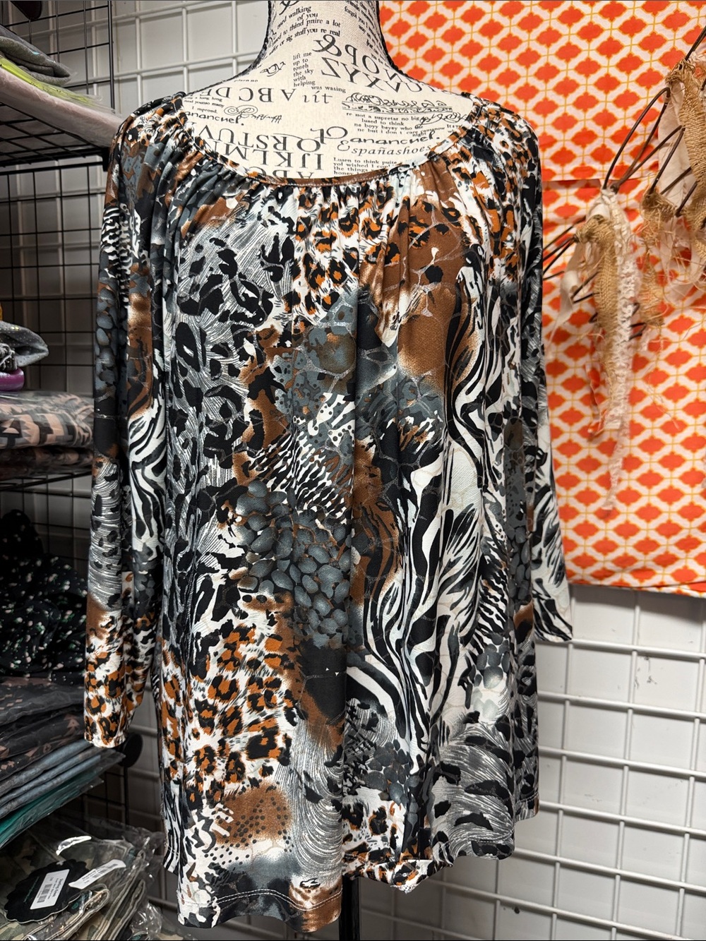Rebecca Malone Mixed Animal & Abstract Scoop Neck Blouse in Black, Brown & Gray